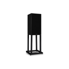 A black Mission 700 Bookshelf Speaker on a matching black wheeled display stand, photographed against a solid white background.