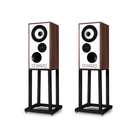 Mission 700 Bookshelf Speaker - Pair with brown wood-grain cabinets, white front baffle panels, and black stands, shown on a plain white background.