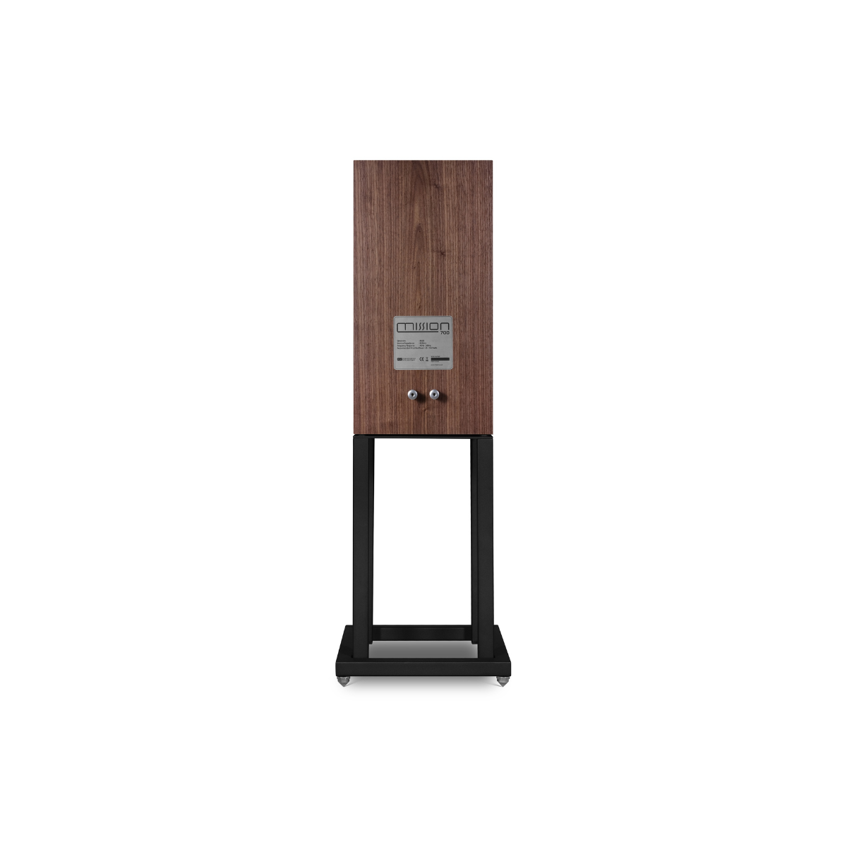 A single Mission 700 Bookshelf Speaker shown from the front on a clean white background. The speaker features a walnut wood cabinet on a black metal stand with a glass front.