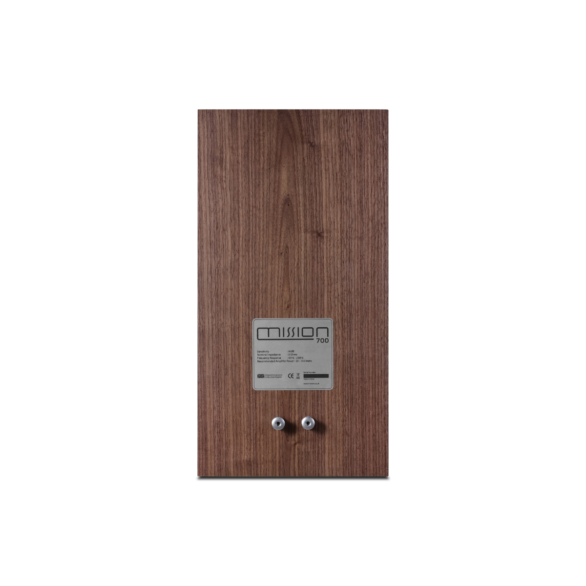 A Mision 700 bookshelf speaker shown from the rear, featuring a dark brown wood-grain finish and a silver metal backplate with two terminal connectors, set against a plain white background.