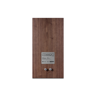 A Mision 700 bookshelf speaker shown from the rear, featuring a dark brown wood-grain finish and a silver metal backplate with two terminal connectors, set against a plain white background.