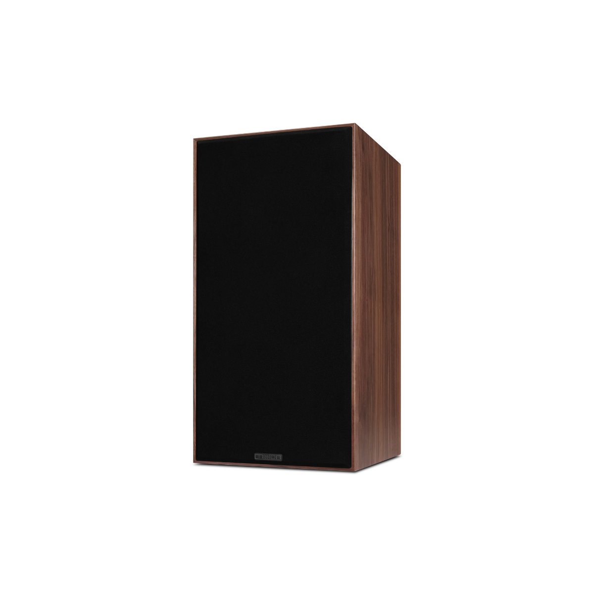 A single bookshelf speaker with a black front grille and dark brown wood-grain side panels, shown at a three-quarter angle on a plain white background.