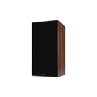 A single bookshelf speaker with a black front grille and dark brown wood-grain side panels, shown at a three-quarter angle on a plain white background.