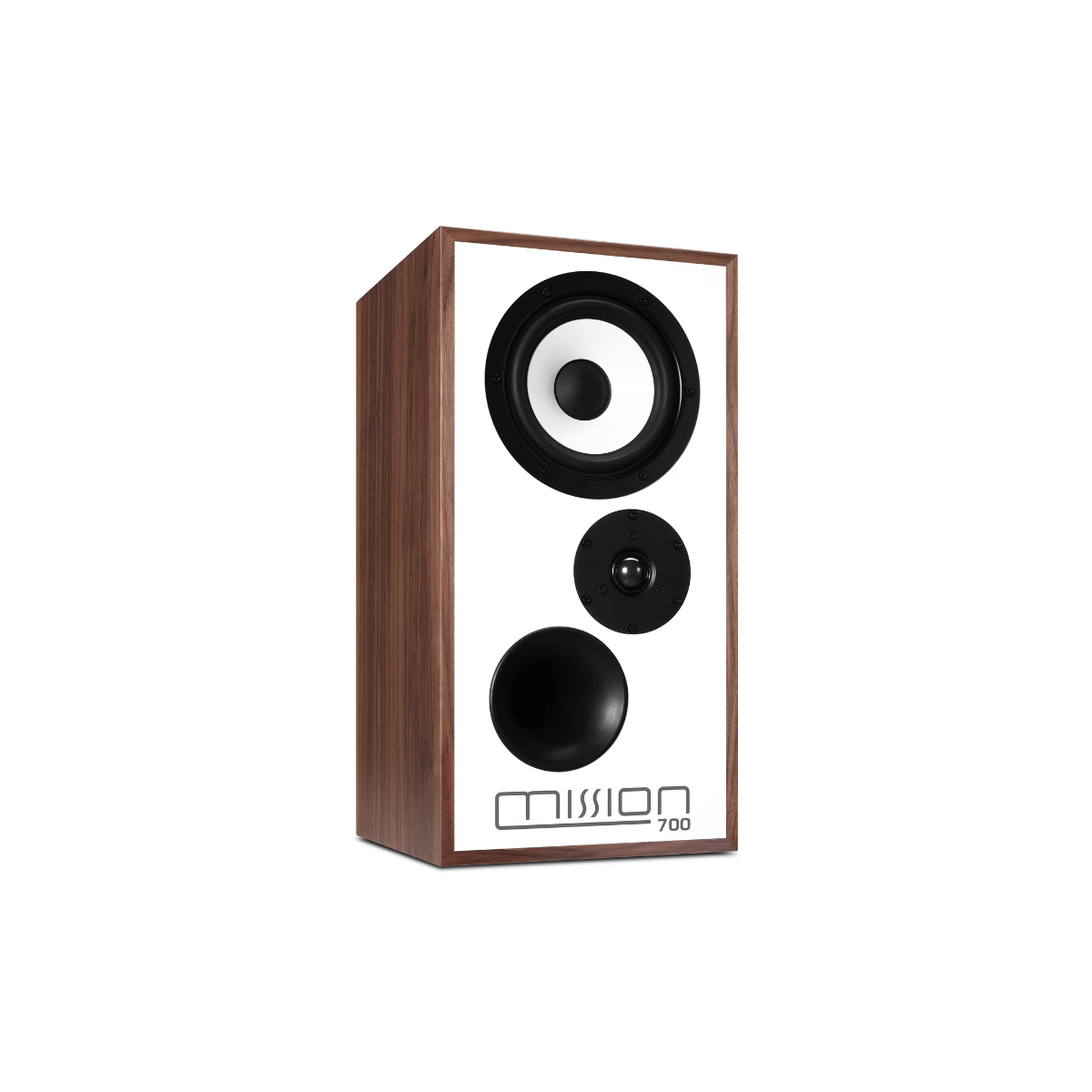 A single Mison 700 bookshelf speaker with a walnut wood-grain cabinet, white front baffle, and black drivers, shown on a plain white background.