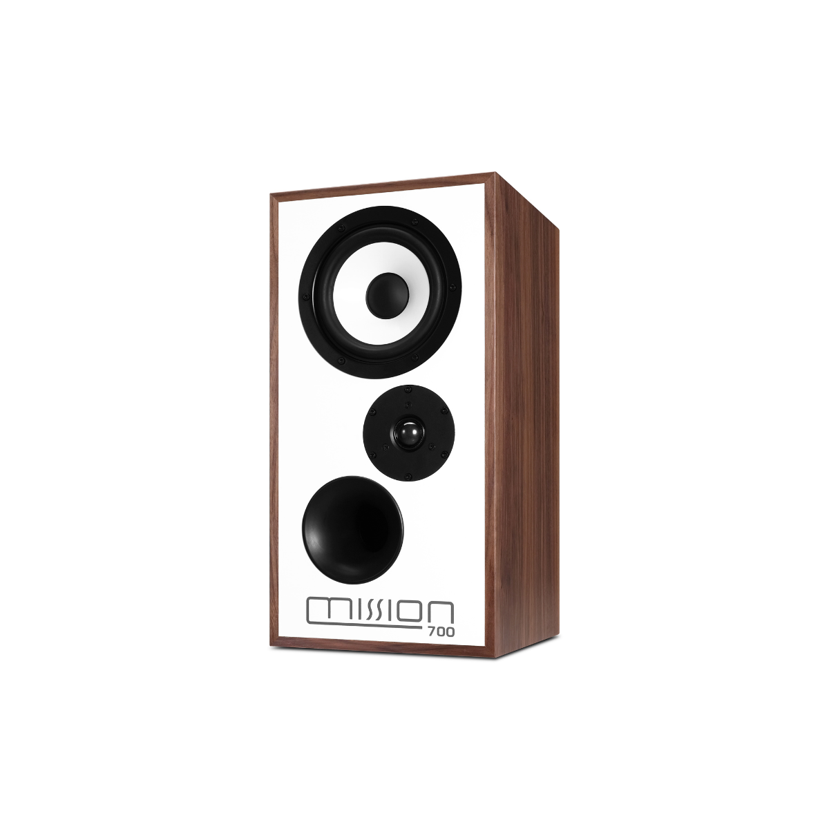 A Mission 700 bookshelf speaker with a brown wood-grain finish and a white front baffle featuring black drivers, shown on a solid white background.