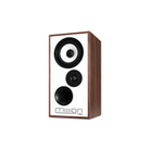 A Mission 700 bookshelf speaker with a brown wood-grain finish and a white front baffle featuring black drivers, shown on a solid white background.