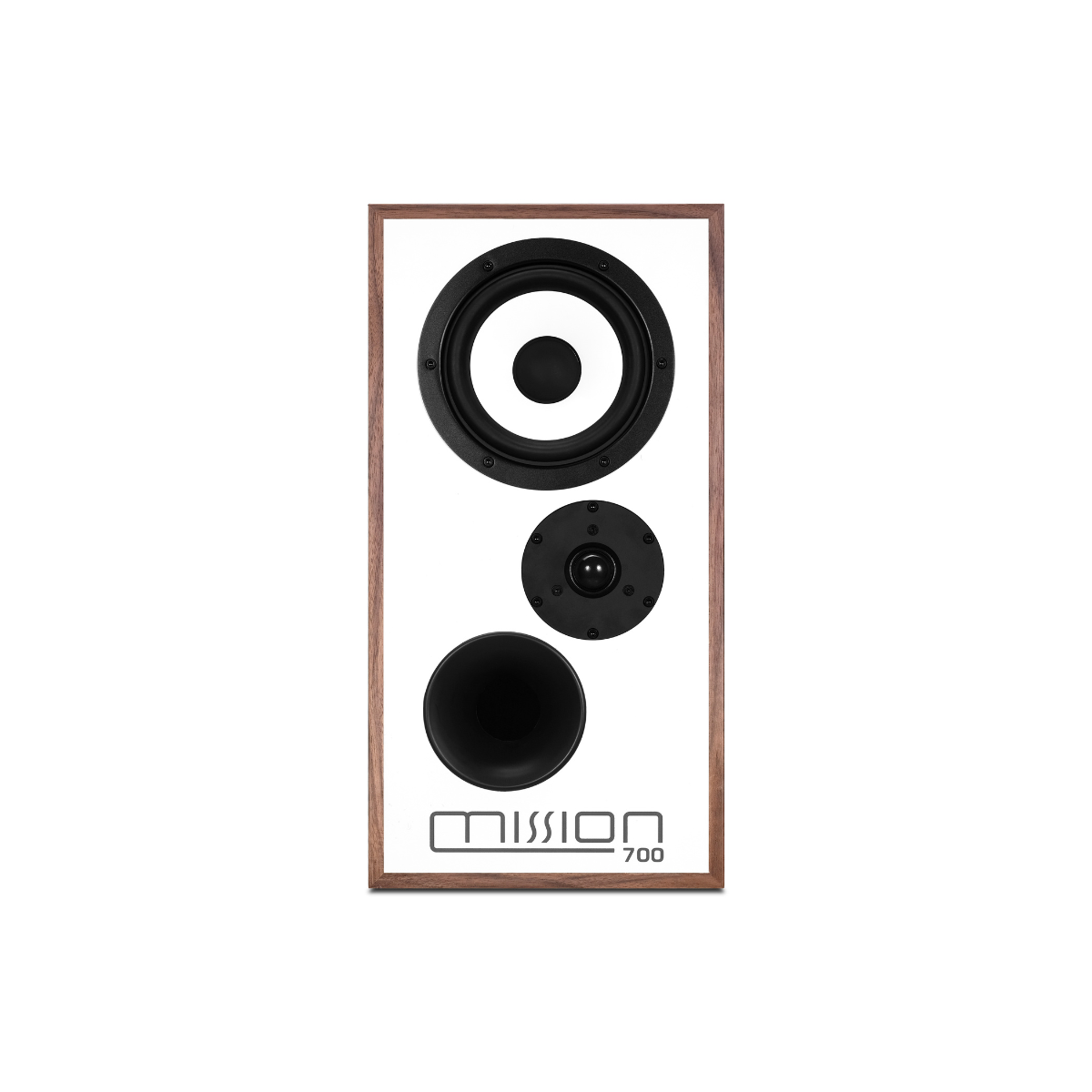 Mission 700 Bookshelf Speaker with a white faceplate, three black drivers, and a brown wood-grain frame, shown against a plain white background.