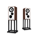 Mission 700 Bookshelf Speaker - Pair with brown wood-grain cabinets, white front baffle, and black stands, shown on a white background.