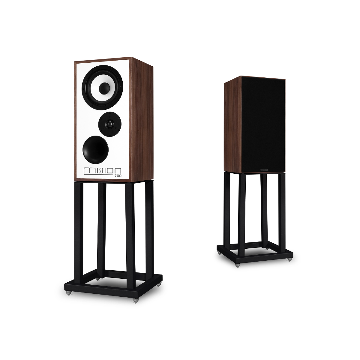A pair of Mission 700 Bookshelf Speaker on black metal stands, shown from the front and side angles against a solid white background.