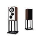 A pair of Mission 700 Bookshelf Speaker on black metal stands, shown from the front and side angles against a solid white background.