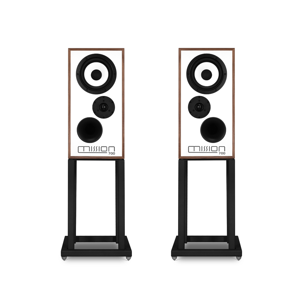 Two Mission 700 Bookshelf Speaker - Pair on black metal stands, shown side-by-side against a plain white background.