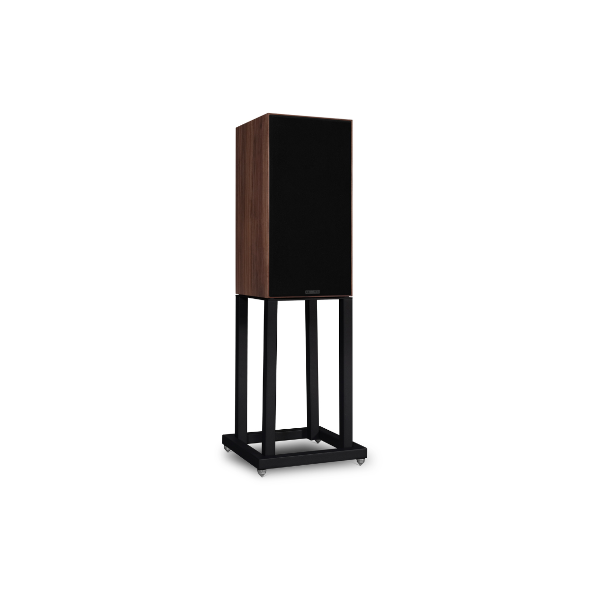 A Mission 700 Bookshelf Speaker on a black rolling display stand, featuring a dark brown wood-grain side panel and a black front grille, set against a plain white background.