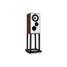 A single Mission 700 Bookshelf Speaker on a black metal stand, shown against a plain white background. The speaker has a dark wood-grain cabinet, a white front baffle, and two black drivers.