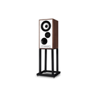 A single fMission 700 Bookshelf Speaker on a black metal stand, featuring a white front baffle with black and silver drivers and a dark brown wood-grain side cabinet, shown against a plain white background.