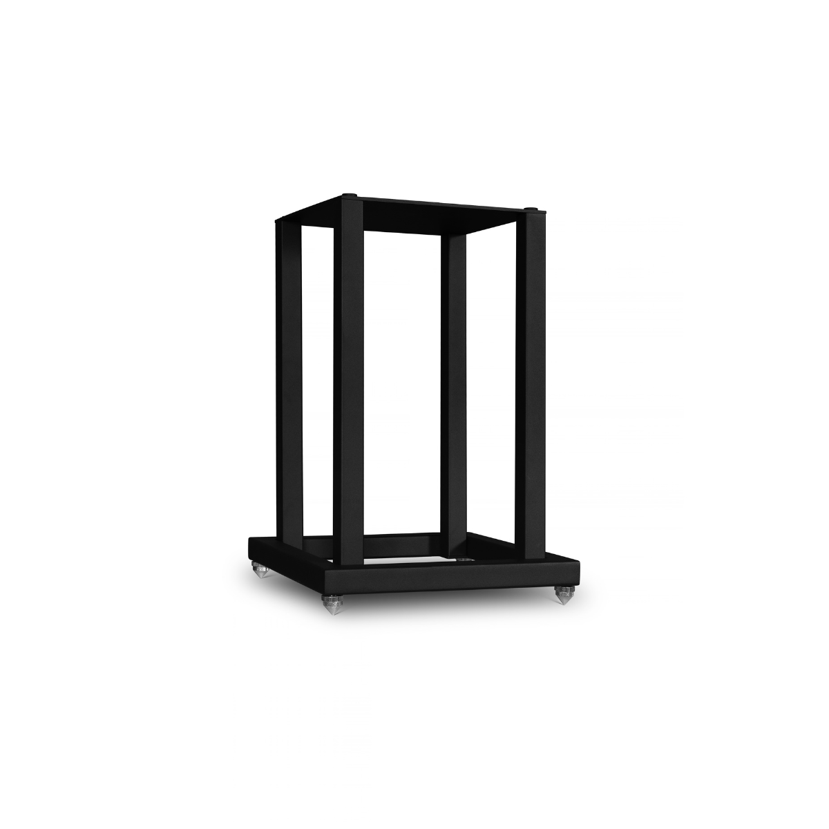 A black metal Mission 700 Bookshelf Speaker Stand on a wheeled base, shown from a three-quarter angle against a plain white background.