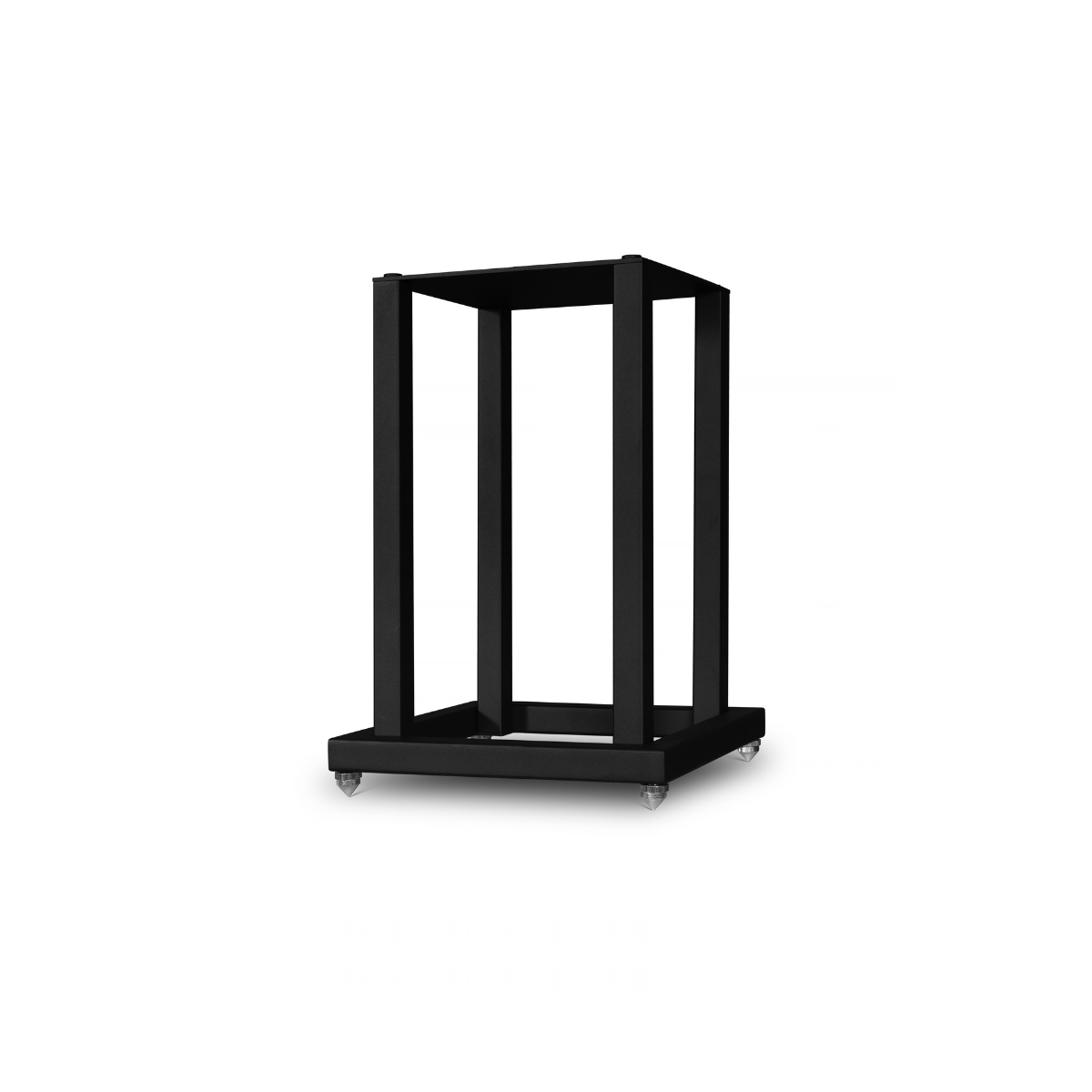 A black metal Mission 700 Bookshelf Speaker Stand on a wheeled dolly base, shown from a three-quarter angle against a plain white background.