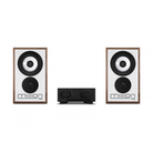 A pair of Mission 750 bookshelf speakers with white front panels and brown wood-grain frames, paired with a black Mission 750 receiver in the center, on a solid white background.