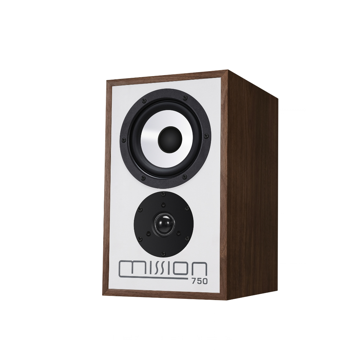 A Mission 750 bookshelf speaker with a dark brown wood-grain cabinet, a white front baffle, and black and white drivers, shown on a plain white background.