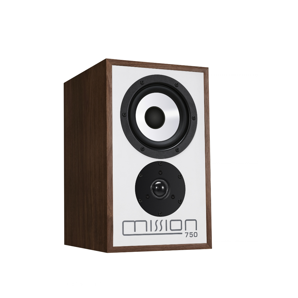 A Mission 750 bookshelf speaker with a dark brown wood-grain cabinet, a white front baffle, and black and white drivers, shown on a solid white background.