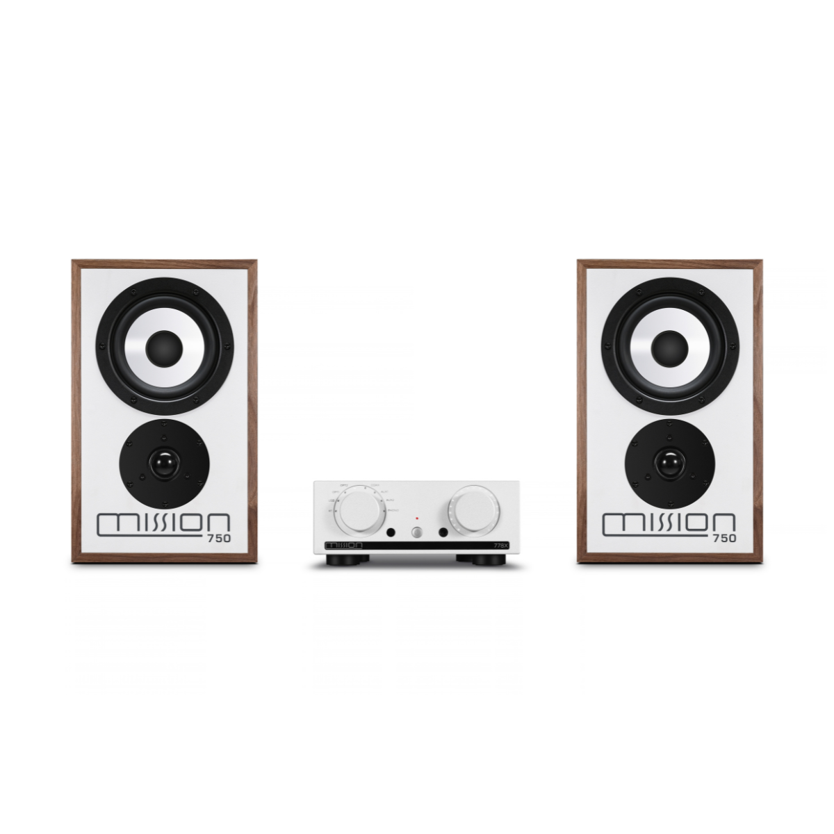 A pair of Mission 750 bookshelf speakers with white front panels, black drivers, and brown wood-grain frames, shown with a matching white receiver in the center on a white background.