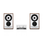 A pair of Mission 750 bookshelf speakers with white front panels, black drivers, and brown wood-grain frames, shown with a matching white receiver in the center on a white background.