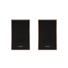Two matching black rectangular speakers with dark brown wood-grain frames, shown side by side on a plain white background.