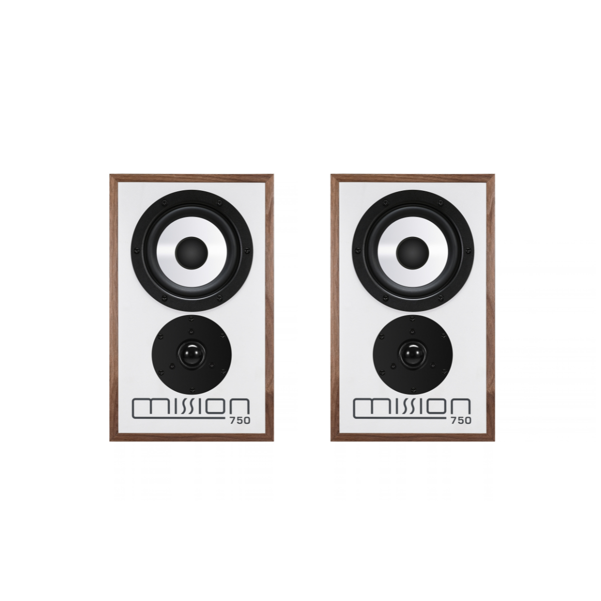 Two Mission 750 bookshelf speakers with white front panels, black drivers, and walnut wood frames, shown side-by-side on a white background.