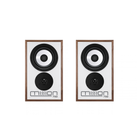 Two Mission 750 bookshelf speakers with white front panels, black drivers, and walnut wood frames, shown side-by-side on a white background.