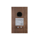 The rear panel of a Mission 750 bookshelf speaker, featuring a dark brown wood grain finish, a circular black port, and a silver metal label with product specifications.