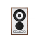 A Mission 750 bookshelf speaker with a white front panel, two black drivers, and a brown wood-grain frame, shown against a plain white background.
