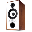 A Mission 770 bookshelf speaker with a white front panel, black drivers, and a brown wood-grain side cabinet, shown on a white background.