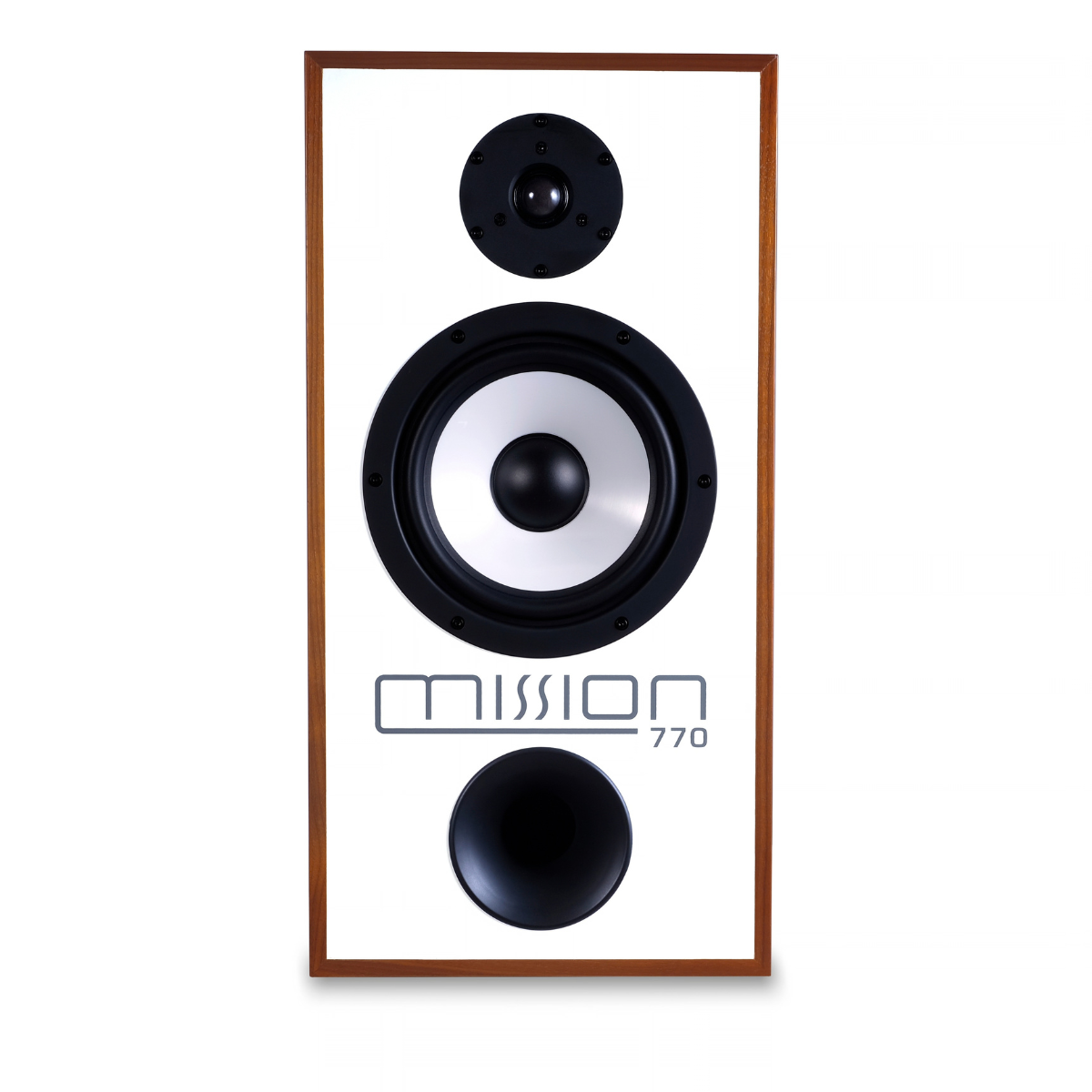 A Mission 770 bookshelf speaker with a white front baffle, three black drivers, and a medium brown wood-grain frame, shown against a plain white background.