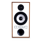 A Mission 770 bookshelf speaker with a white front baffle, three black drivers, and a medium brown wood-grain frame, shown against a plain white background.