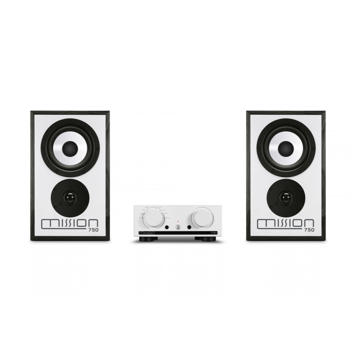 A Mission 750 audio system set featuring two white and black bookshelf speakers flanking a matching white and black receiver, shown against a plain white background.
