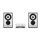 A Mission 750 audio system set featuring two white and black bookshelf speakers flanking a matching white and black receiver, shown against a plain white background.