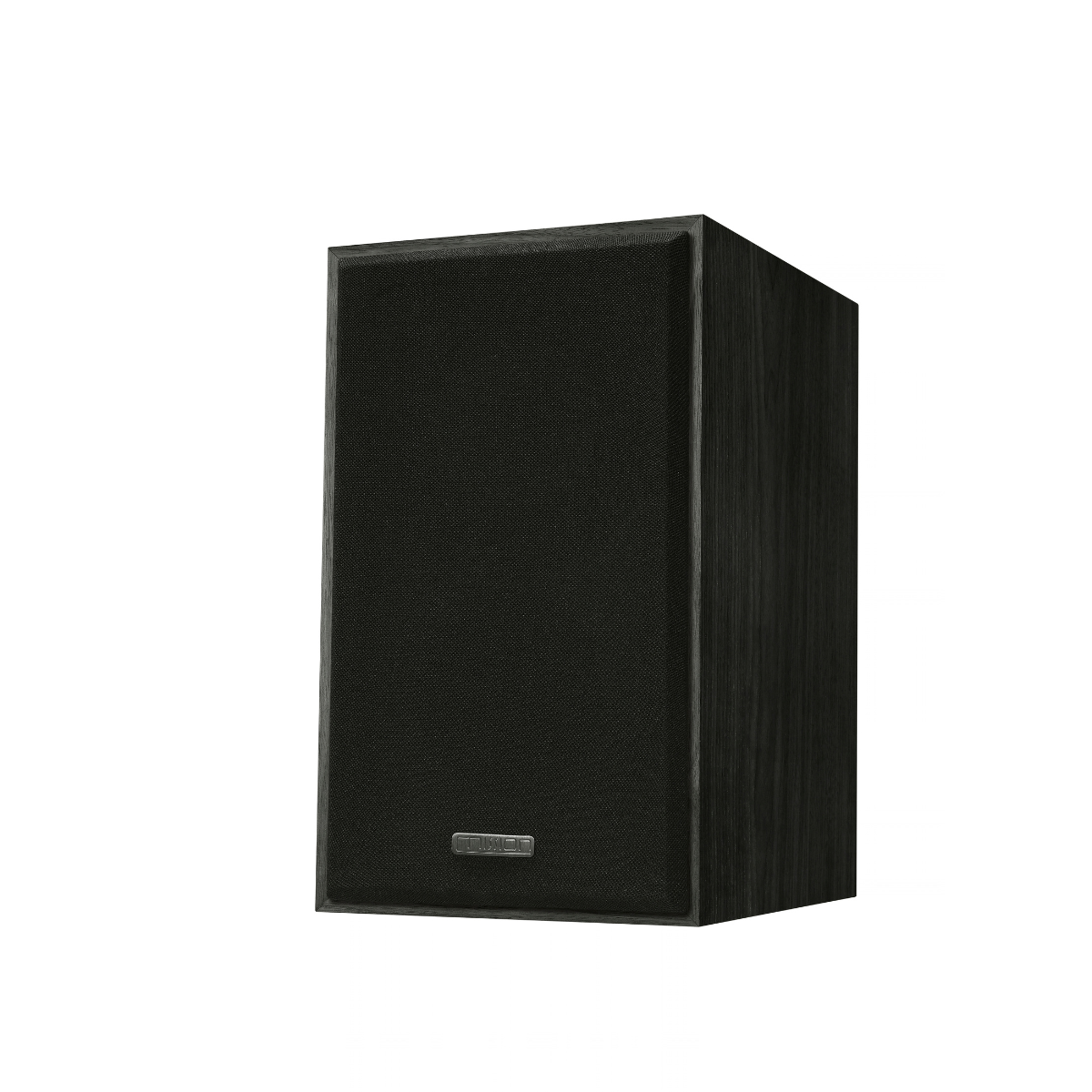A black wood-finish Mission 750 Bookshelf Speaker with a textured black front grille and a small silver brand badge near the bottom center, shown against a plain white background.