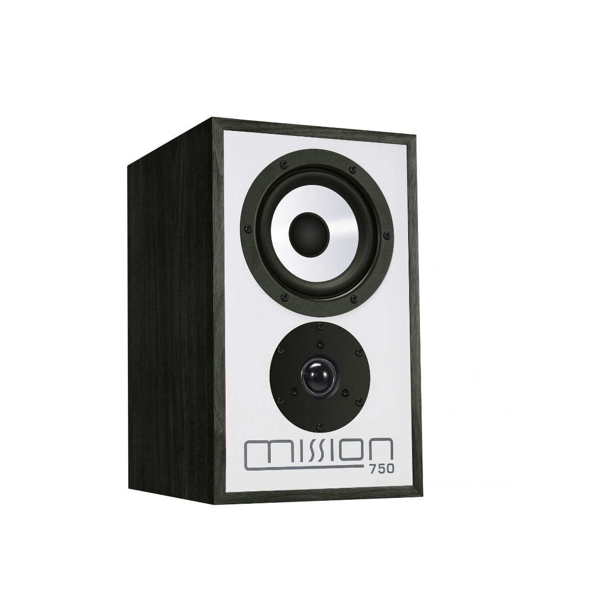 A Mission 750 bookshelf speaker with a dark brown wood-grain cabinet, a white front baffle, and black and white drivers, shown on a solid white background.