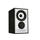 A Mission 750 bookshelf speaker with a dark brown wood-grain cabinet, a white front baffle, and black and white drivers, shown on a solid white background.