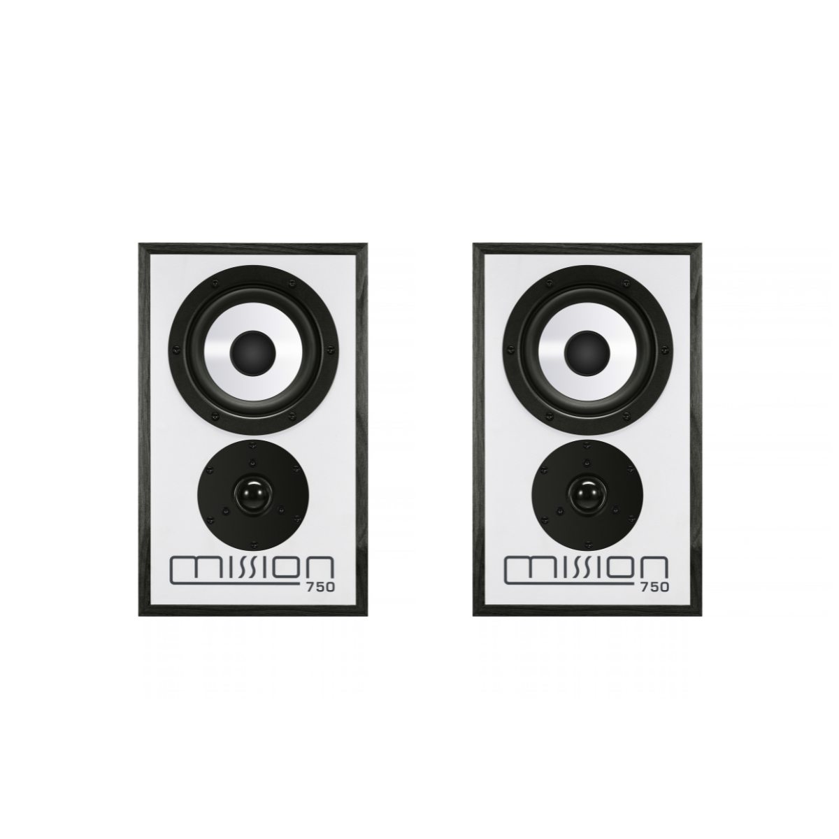 Two Mission 750 bookshelf speakers shown side by side against a plain white background.