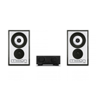 A Mission 750 audio system featuring two white speakers with black frames and a central black receiver, shown against a plain white background.