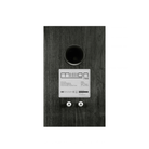 The rear view of a Mission 750 bookshelf speaker, featuring a dark wood-grain finish, a circular port, and a white product label with two terminal screws.