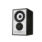 A Mission 750 bookshelf speaker with a black wood-grain cabinet, white front baffle, and black speaker cones, shown on a plain white background.