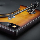 MoFi Electronics x Fender American Vintage Turntable detail of right side of unit showing tonearm