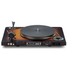 MoFi Electronics x Fender American Vintage Turntable rear view angled down without record on platter and tonearm disengaged