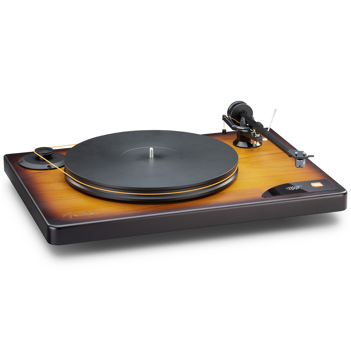 MoFi Electronics x Fender American Vintage Turntable front view angled down and right without record on platter and tonearm disengaged