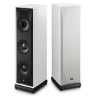 MoFi SourcePoint 888 Floorstanding Speakers - Pair of white speakers angled away from each other, left speaker without grille and right speaker with grille