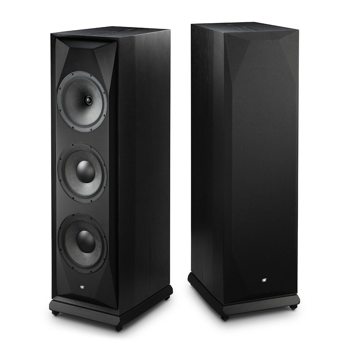 MoFi Electronics SourcePoint V10 Master Edition Floorstanding Speakers - black PAIR - front angled views with and without grilles