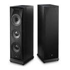 MoFi Electronics SourcePoint V10 Master Edition Floorstanding Speakers - black PAIR - front angled views with and without grilles
