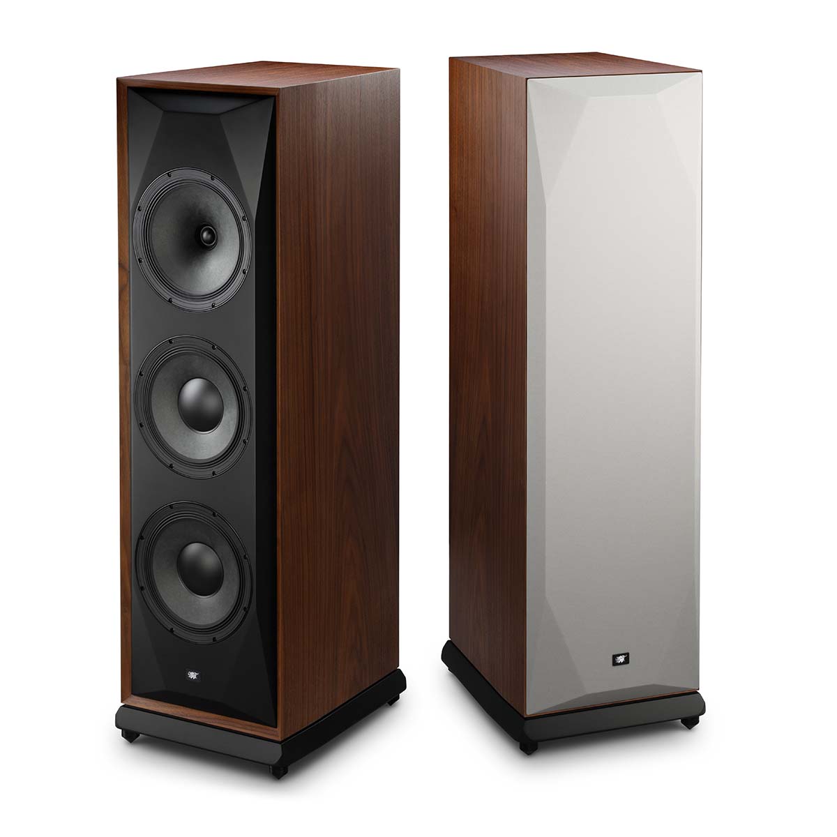 MoFi Electronics SourcePoint V10 Master Edition Floorstanding Speakers - walnut PAIR - front angled views with and without grilles