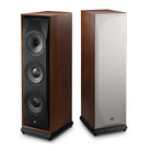 MoFi Electronics SourcePoint V10 Master Edition Floorstanding Speakers - walnut PAIR - front angled views with and without grilles